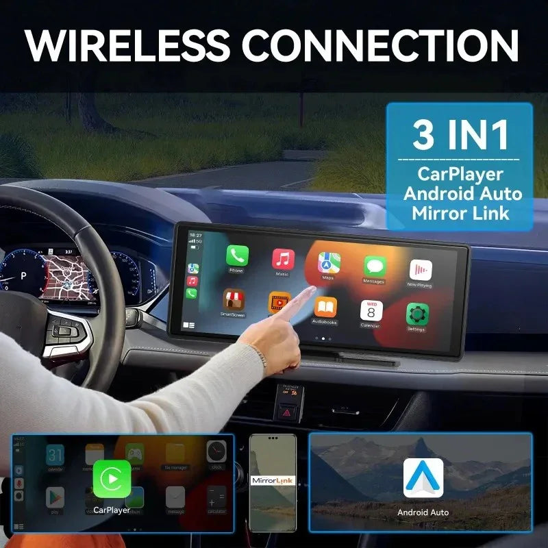 10.25-inch Wireless Display for Car with Android Auto and GPS Navigation