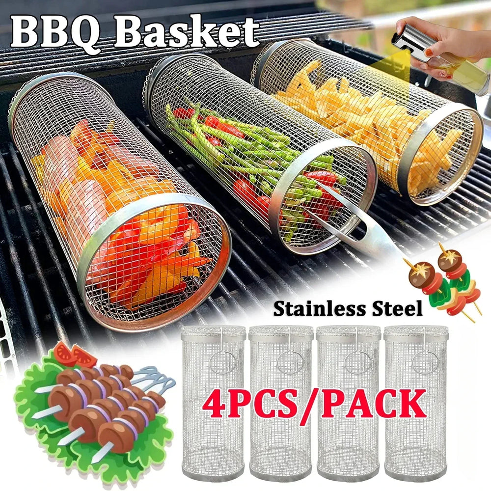 BBQ Grill Basket - Stainless Steel - Rotating Cylinder