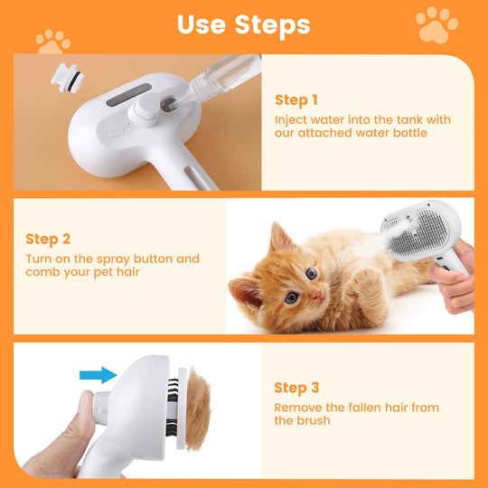 Pet Grooming Brush - Steam Spray - Self Cleaning