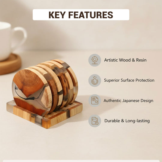 Wood Coasters Set - Japanese Design - Resin Accents