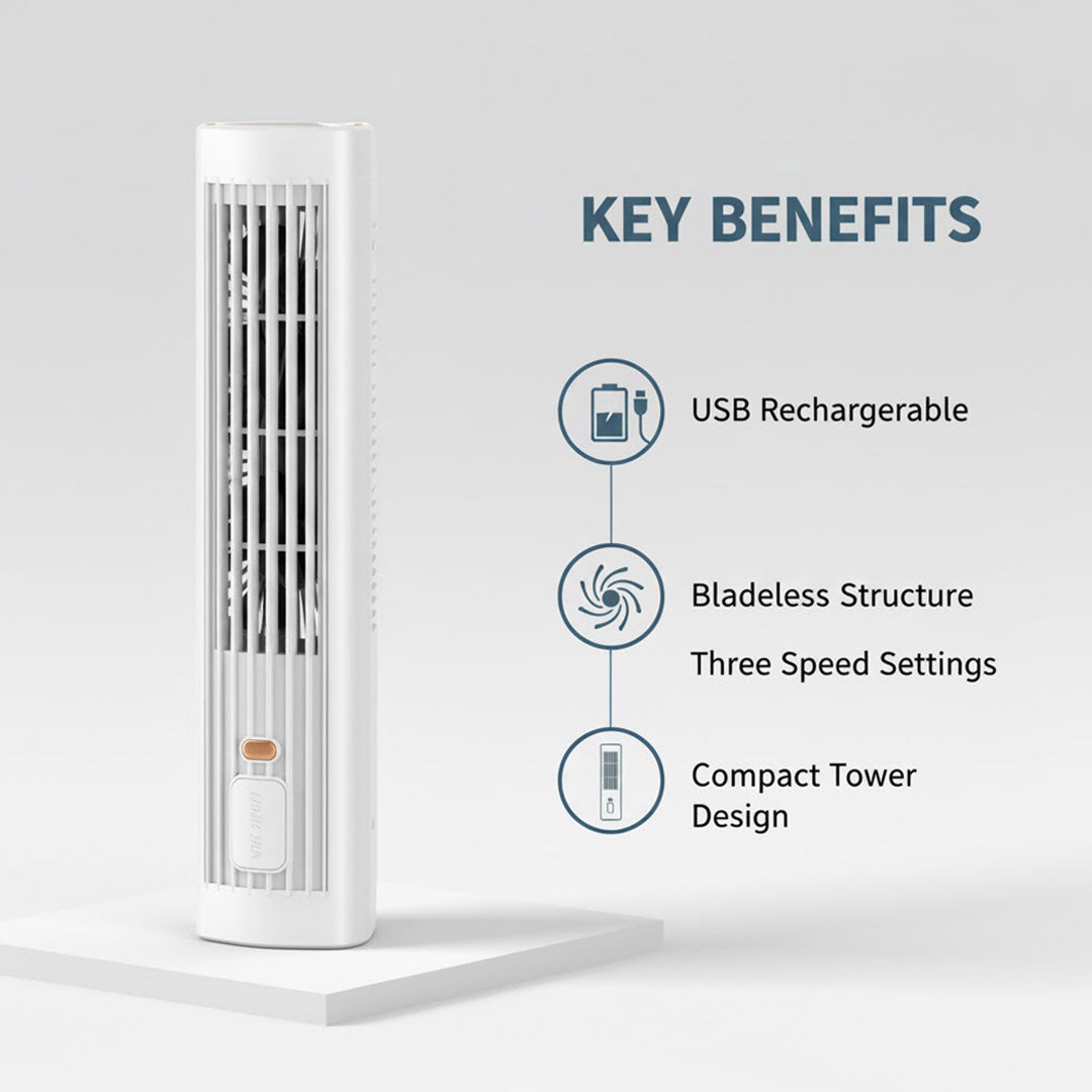 Portable Tower Fan - USB Rechargeable - Bladeless Design
