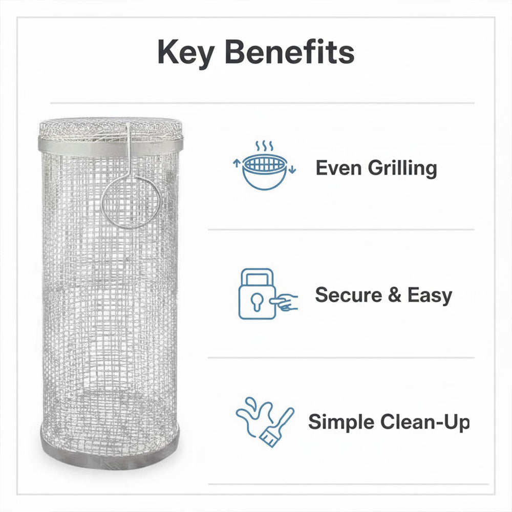 BBQ Grill Basket - Stainless Steel - Rotating Cylinder