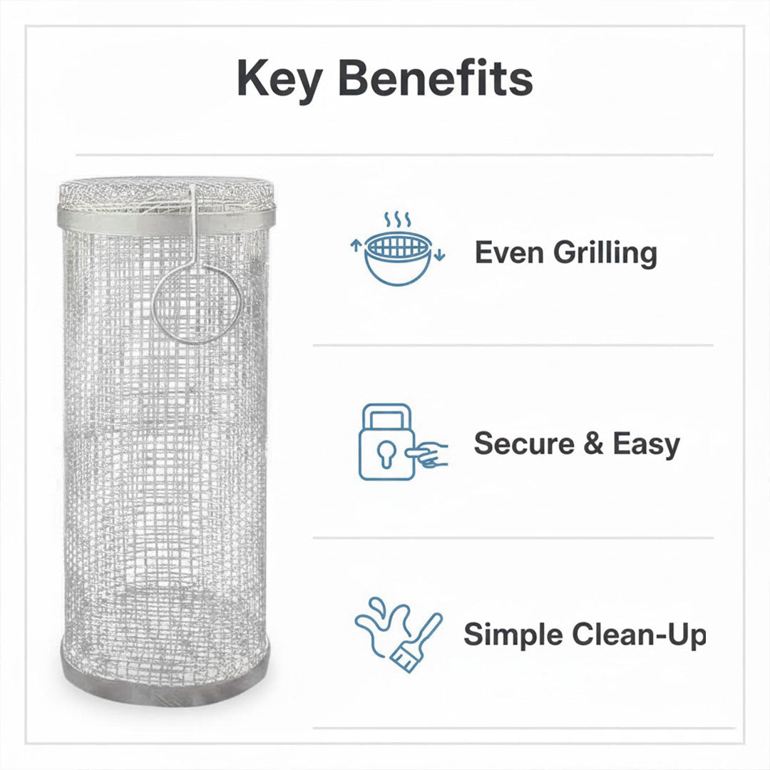 BBQ Grill Basket - Stainless Steel - Rotating Cylinder