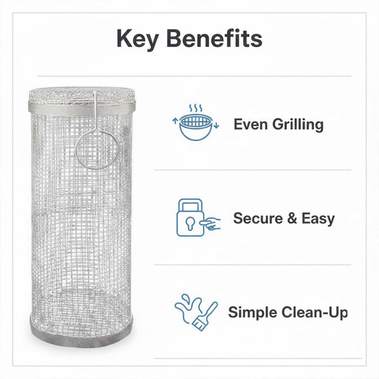 BBQ Grill Basket - Stainless Steel - Rotating Cylinder