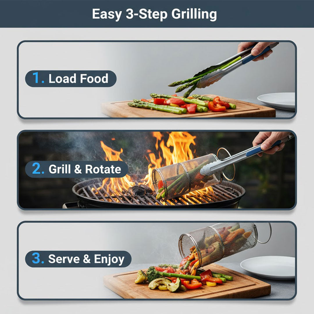 BBQ Grill Basket - Stainless Steel - Rotating Cylinder