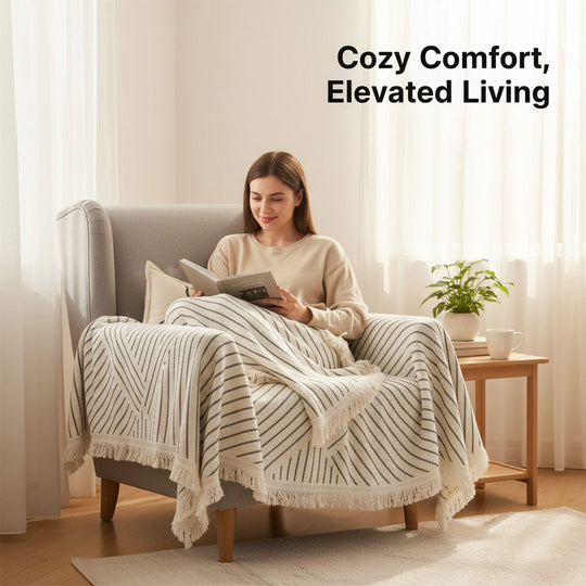 Sofa Throw Blanket - Scandinavian Design - Tassel Edge