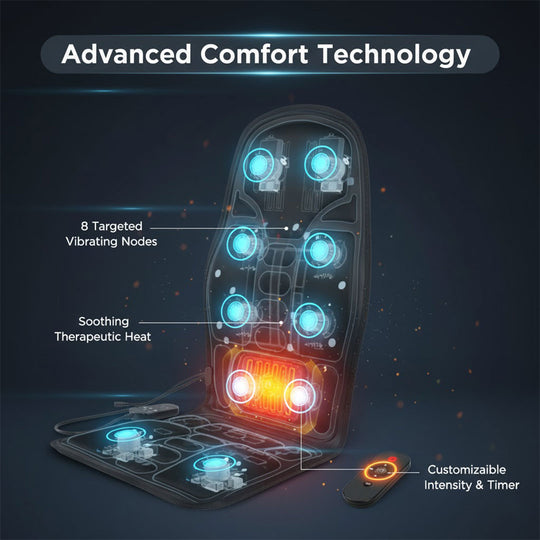 Heated Massage Cushion Pad - For Chair and Car Use - Vibrating Nodes