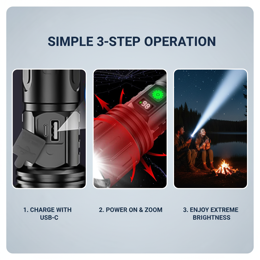 LED Flashlight - Rechargeable Torch - Adjustable Beam