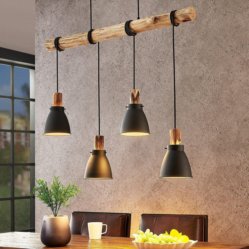Pendant Light - Rustic Wood - Black Metal - Luvonic