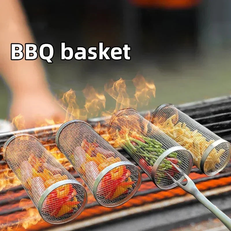 BBQ Grill Basket - Stainless Steel - Rotating Cylinder