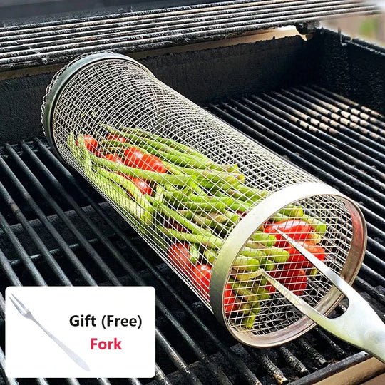 BBQ Grill Basket - Stainless Steel - Rotating Cylinder