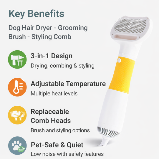 Dog Hair Dryer - Grooming Brush - Styling Comb