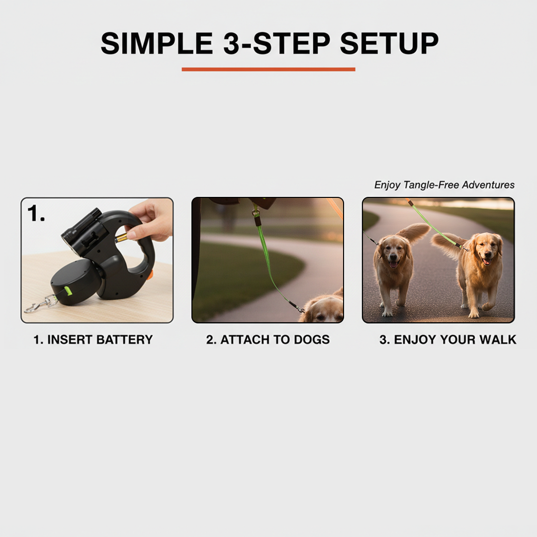 Dual Dog Leash - Tangle-Free Design - LED Light