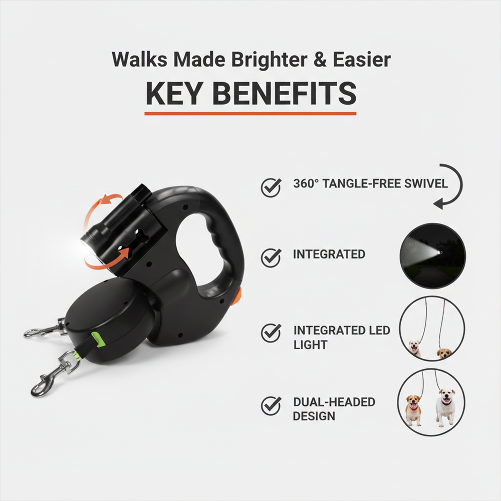 Dual Dog Leash - Tangle-Free Design - LED Light