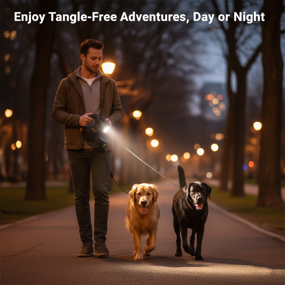 Dual Dog Leash - Tangle-Free Design - LED Light