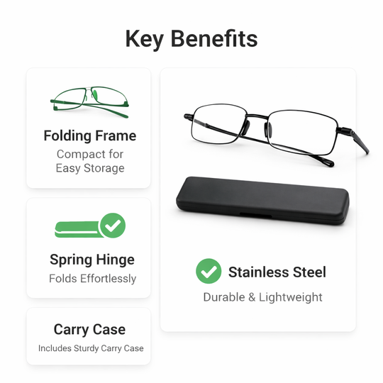 Folding Reading Glasses - Compact Design - Stainless Steel
