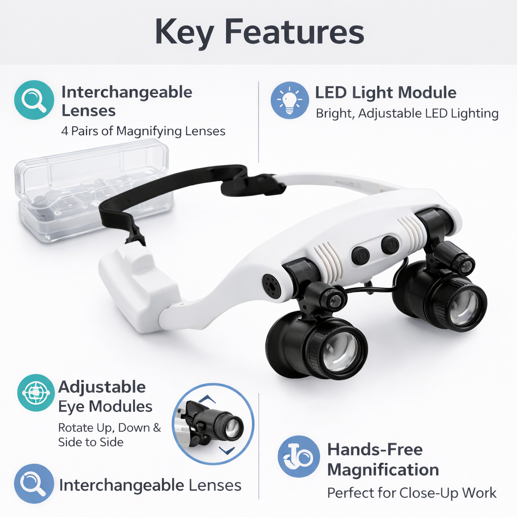 Headband Magnifier - LED Light - Interchangeable Lenses