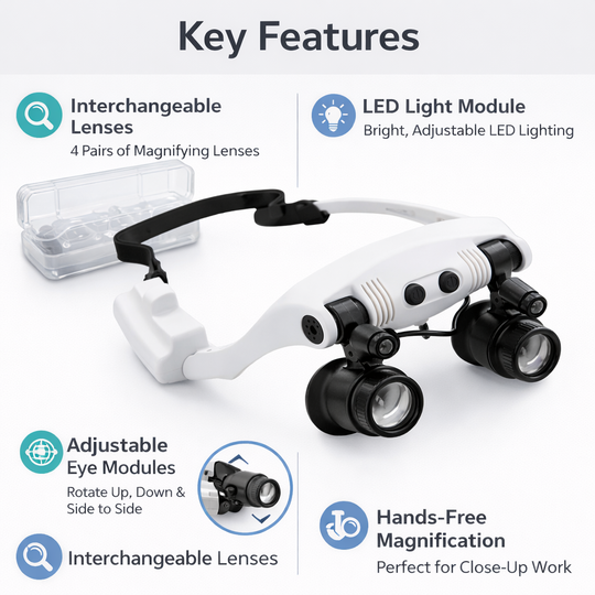 Headband Magnifier - LED Light - Interchangeable Lenses