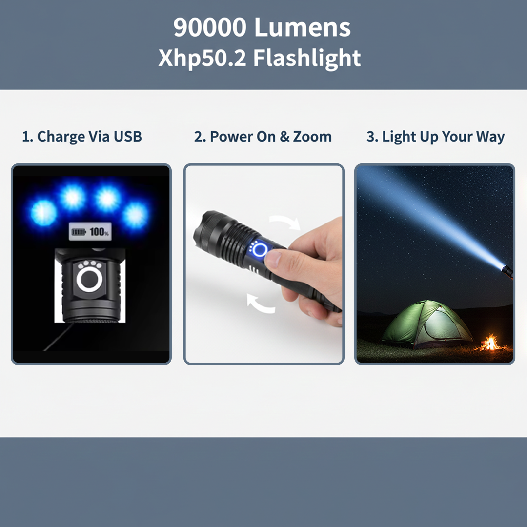 LED Flashlight - Rechargeable Torch - Zoom Function