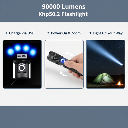 LED Flashlight - Rechargeable Torch - Zoom Function