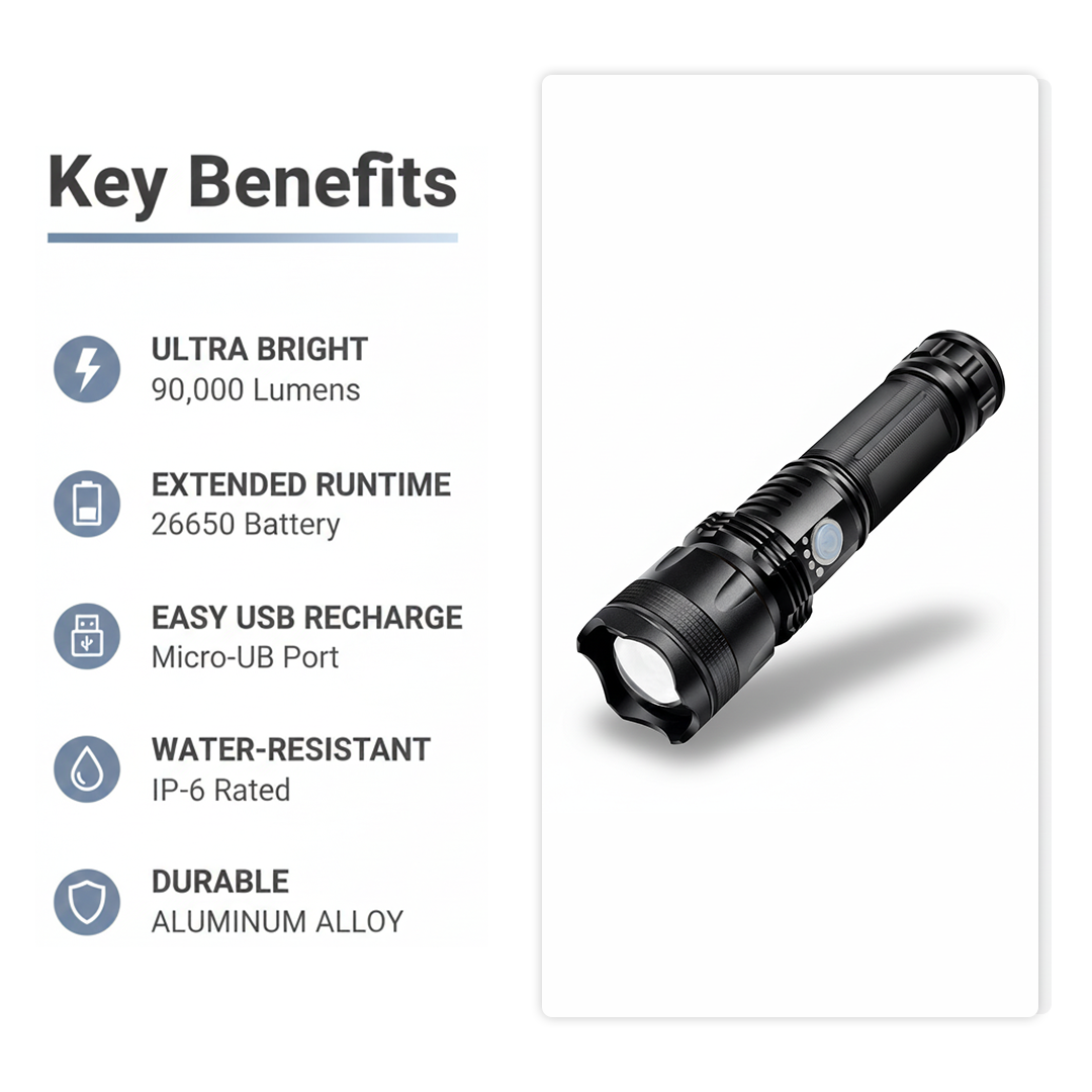 LED Flashlight - Rechargeable Torch - Zoom Function