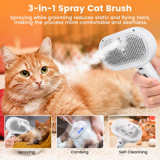 Pet Grooming Brush - Steam Spray - Self Cleaning