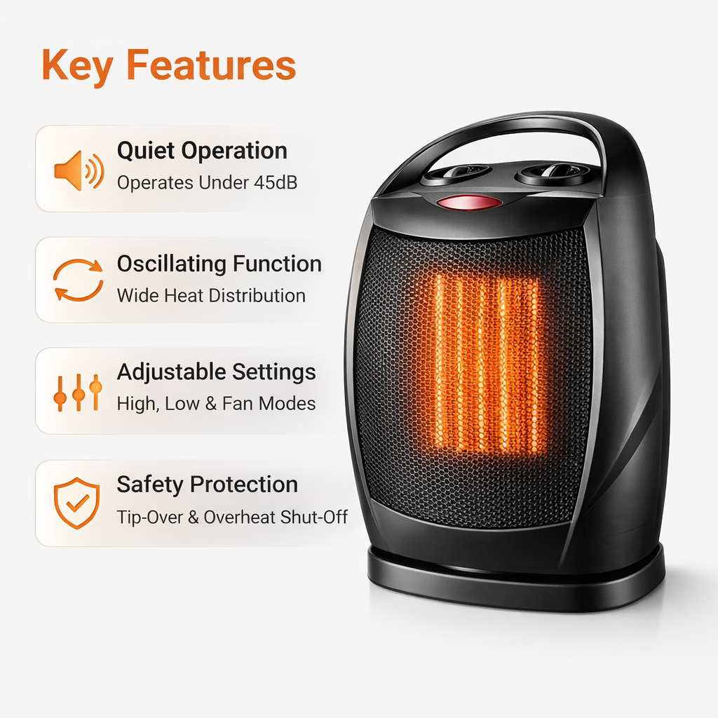 Portable Electric Heater - Quiet Oscillating Fan - Thermostat