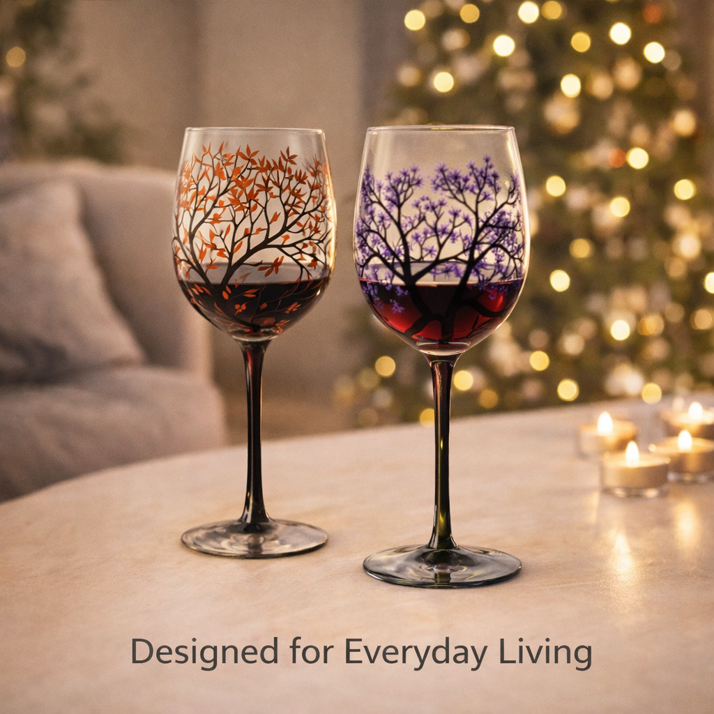 Wine Glass Set - Seasonal Tree - Decorative Design