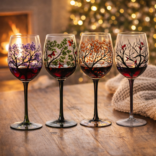 Wine Glass Set - Seasonal Tree - Decorative Design