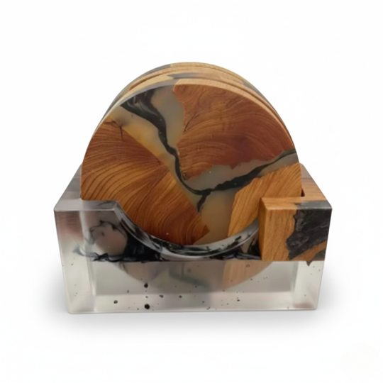 Wood Coasters Set - Japanese Design - Resin Accents