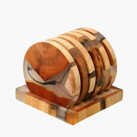 Wood Coasters Set - Japanese Design - Resin Accents