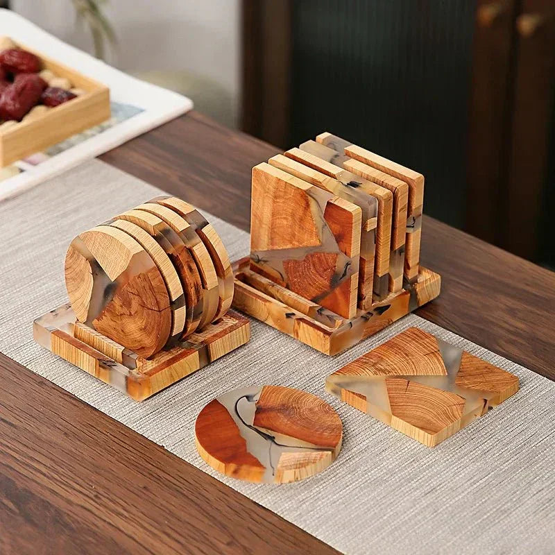 Wood Coasters Set - Japanese Design - Resin Accents