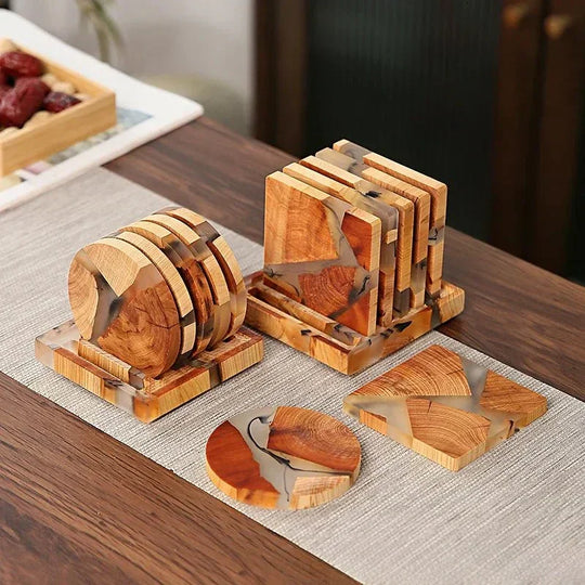 Wood Coasters Set - Japanese Design - Resin Accents