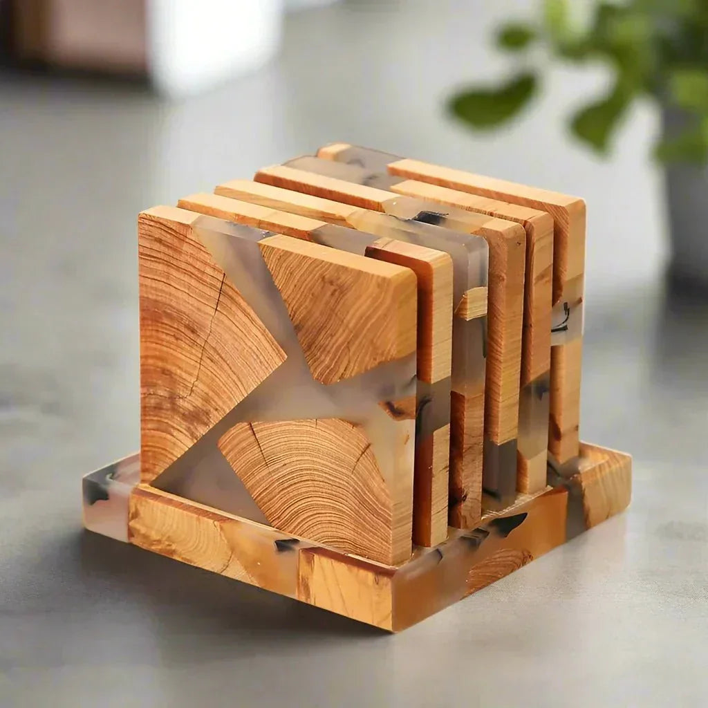 Wood Coasters Set - Japanese Design - Resin Accents