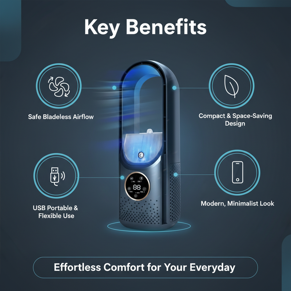 Bladeless Cooling Fan - Portable USB - Desktop Design